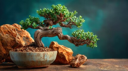 Stunning windswept bonsai tree side profile captured in a studio setting with soft lighting and artistic composition