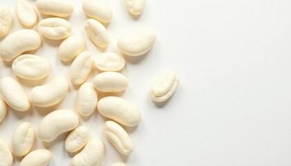 Scattered white beans against pure white backdrop, studio, clean, protein