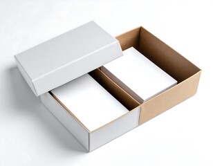 Gray cardboard box with lid ajar, revealing blank cards inside