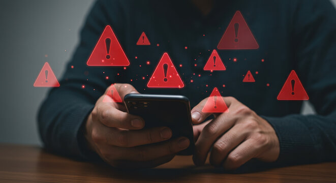 Smartphone Security Alert: A man in his 30s receives warnings on his phone due to cyber threats, illustrating vulnerability to digital security risks and internet scams.