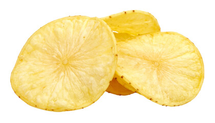 Close up of cassava chips isolated on transparent background