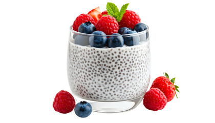 Chia pudding with berries and mint on transparent background
