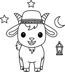 goat wearing hat with islamic moon star lantern illustration
