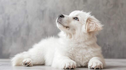 White puppy looking up, grey background, studio shot, pet adoption