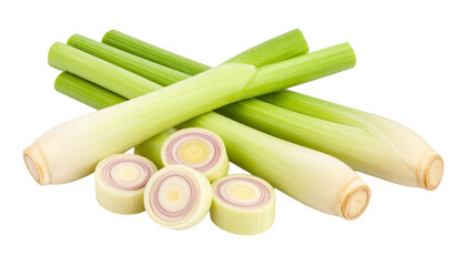 Fresh lemongrass stalks and slices isolated on transparent background