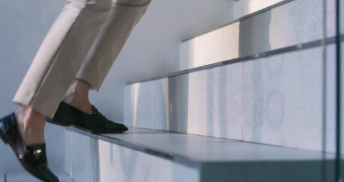 Walking, stairs and shoes of business woman in office for growth, opportunity or climbing career ladder. Steps, travel and journey with closeup of feet of employee for professional progress and goals