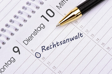 Ein Kalender mit Termineintrag für Rechtsanwalt