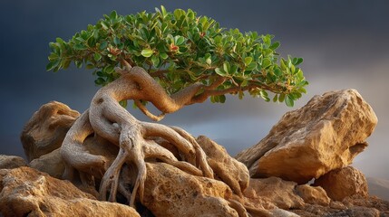 Majestic tree growing out of rocky terrain showcasing resilience and natural beauty in a captivating scene