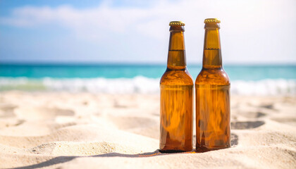 Two beer bottles on sandy beach. Tasty alcohol beverage. Delicious drink. Summer vacation. Close-up.
