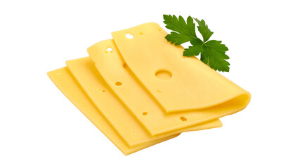 Three slices of swiss cheese with parsley on transparent background