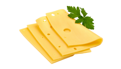 Three slices of swiss cheese with parsley on transparent background