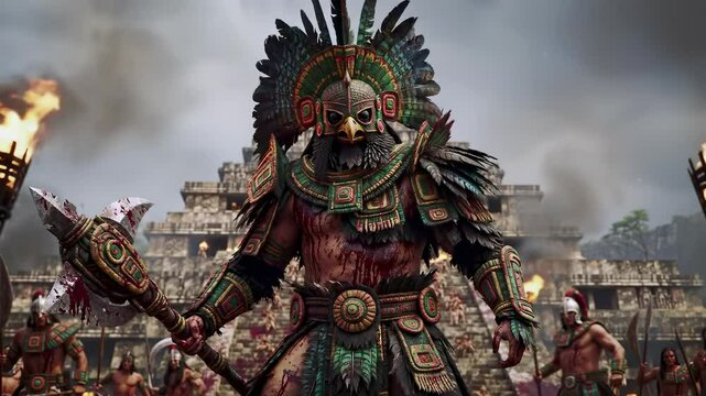 Aztec warrior in ornate feathered regalia, poised for ceremonial display or pre-battle ritual.