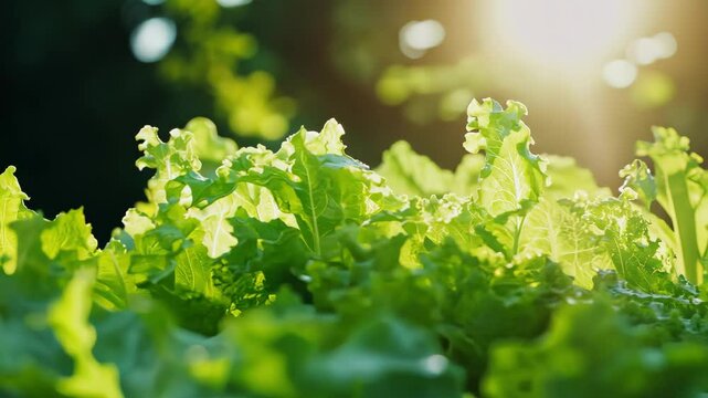 Fresh green lettuce growing in garden with sun shining, healthy organic food.
