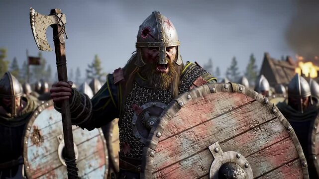 Viking warrior in armor with shield and axe, engaged in fierce close combat during a chaotic raid.