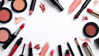 Various cosmetics displayed on white backdrop , flat lay, bottle, cosmetics