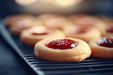 Thumbprint Christmas cookies filled with strawberry jam, photographed with natural light and selective focus for festive treat