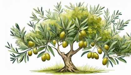 watercolor olives tree on a white background