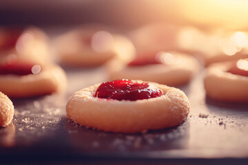 Thumbprint Christmas cookies filled with strawberry jam, photographed with natural light and selective focus for festive treat