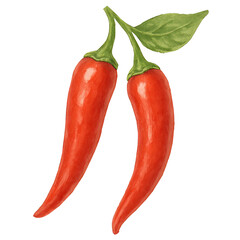 Two vibrant red chili peppers with green stem and leaf isolated on white