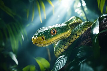 Fototapeta premium Green tree snake in rainforest jungle on tree branch with dramatic sunlight