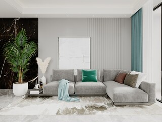Mock up of a fashionable spacious living room with a stylish corner sofa and a modern background, 3D rendering.