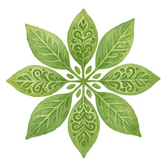 Watercolor illustration of a decorative green leaf pattern featuring swirl and floral designs