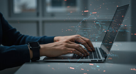 Programming concept: Adult using laptop with digital code overlay, depicting software development and technology.
