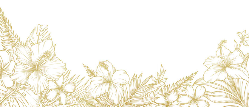 Tropical floral background with golden line art of hibiscus flowers and leaves. Luxury hand drawn frame, border. Vector illustration for design of card, banner, invitation, advertising and packaging