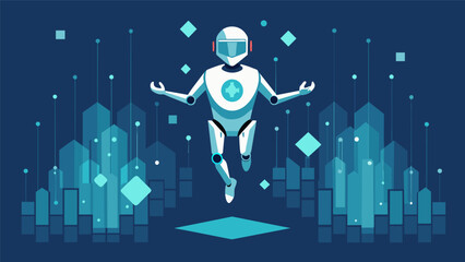 Fototapeta premium A futuristic AI figure gracefully floats a a sea of code eagerly gathering insights from each line of data it encounters.. Vector illustration