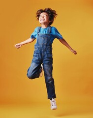 Freedom, jump and smile with Asian boy on yellow background, isolated in studio for growth. Action,...
