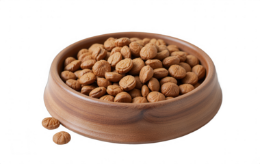 Natural wooden bowl filled with delicious roasted coffee beans, perfect for adding rich flavor to beverages and desserts, isolated on a clean background