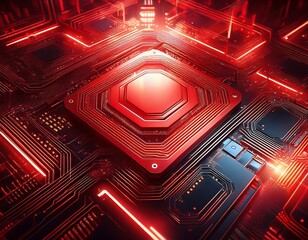 red circuit board with central processor and lights