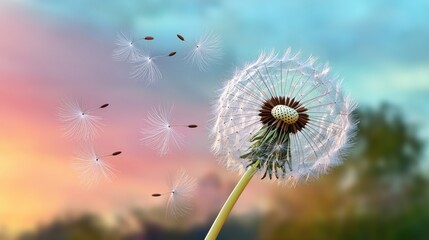 Dandelion seeds blowing in sunset breeze, nature background, hope concept