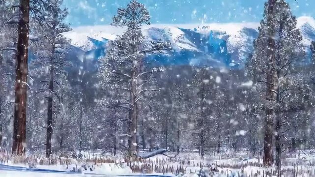 A Serene Winter Wonderland: Snow-Covered Pines and Majestic Mountains Nestled Under a Bright Blue Sky, Capturing the Beauty of Nature in a Magical Snowfall Scene
