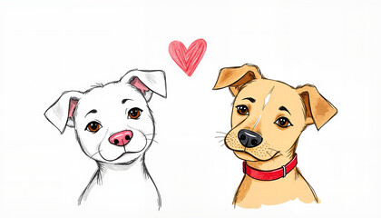 Two illustrated dogs with love heart between them  