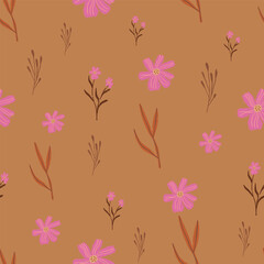 Retro Pink Floral on Warm Caramel Brown Autumn Vector Seamless Pattern