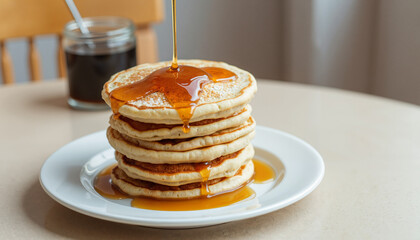 Stack of fluffy pancakes drizzled with syrup on a white plate  