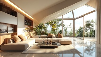 Contemporary living space with slanted butterfly roof and wall-mounted furniture