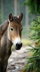 Fototapeta premium Young horse stands near evergreen trees in a forest during a foggy morning