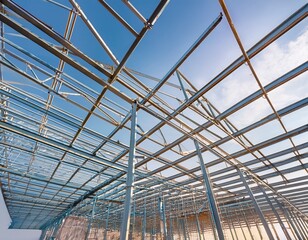 Fototapeta premium exposed steel framework of a building under construction against a pale blue sky showing a grid like pattern