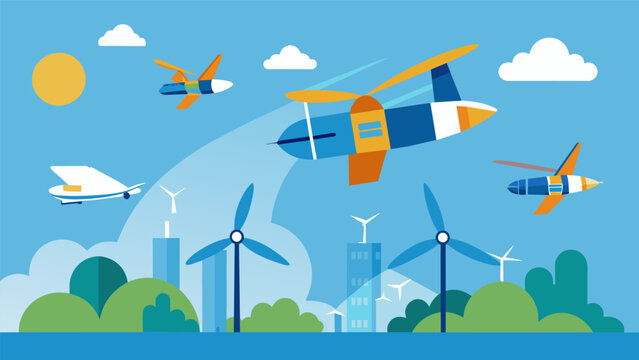 A group of noiseless eplanes propelled by electricity and hydrogen fuel cells soaring across the sky without leaving any carbon footprint.. Vector illustration