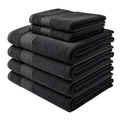 Heap of folded black bath towel isolated on white background