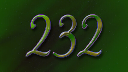3D green with blue border design of number 232 on green background.