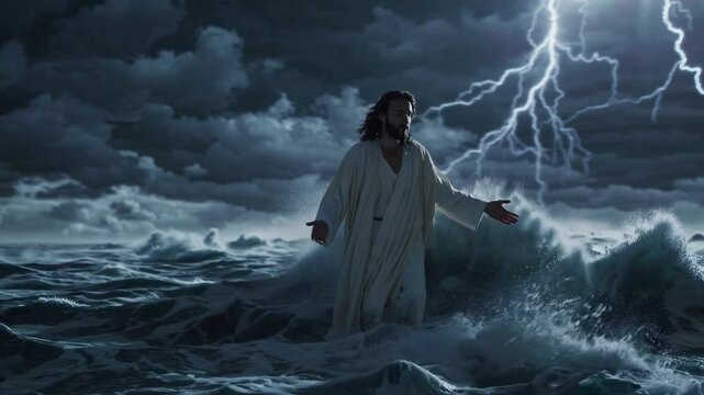 Storm Serenity: calm amidst the tempest.  A figure, illuminated by the brilliant flash of lightning, walks through the tumultuous water, embodying the essence of hope.