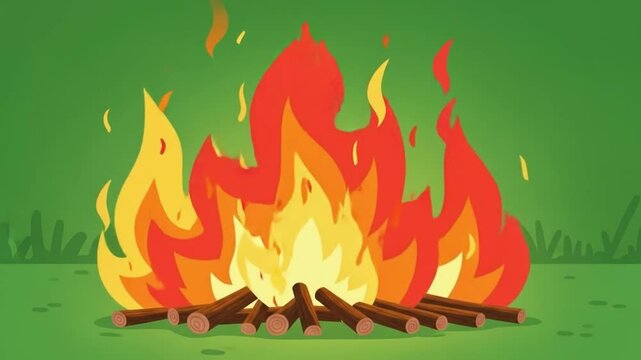 Cartoon campfire animation with burning logs and vibrant flames on green background, flat style vector illustration for children&rsquo;s content, education or summer camp themes

