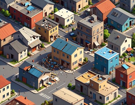 Isometric Illustration of a Poor Urban Neighborhood