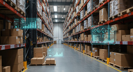 Warehouse Intelligence: Cardboard boxes line indoor aisles as data overlays predict logistical efficiency.
