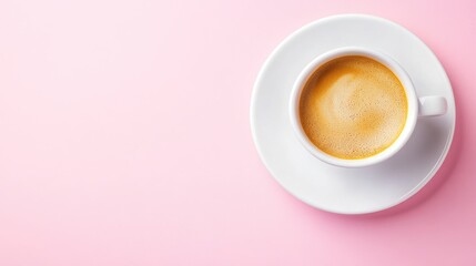 Espresso coffee on pink background with white cup, saucer, and space for text/design.