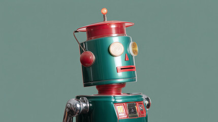 Image of vintage-looking robot—futuristic design with precision features, clean surface finish, and clear copy space for technology and sci-fi ideas