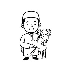 Idul Adha Boy with Sheep Outline Illustration